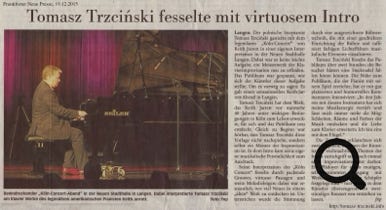 Frankurter Neue Presse - 19.12.2015 Tomasz Trzcinski fesselte mit virtuosem Intro - THE KÖLN CONCERT in der Neue Stadthalle Langen