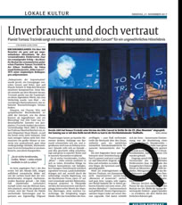 „Pianist Tomasz Trzciński sorgt mit seiner Interpretation des „THE KÖLN CONCERT” für ein ungewöhniches Hörerlebnis” Rheinpfalz Zeitung, November 21, 2017, Around THE KÖLN CONCERT Interpretation 2017, Stadthalle an der Orangerie, Kirchheimbolanden, Tomasz Trzciński - piano #keithjarrett #thekolnconcert #jazz #jazzpiano #koln